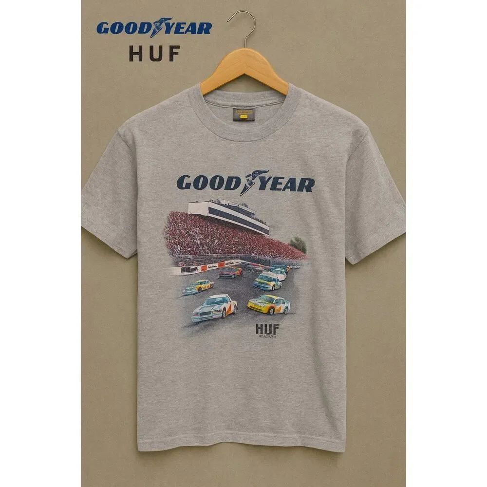 HUF x Goodyear Collab Graphic Gray Tee Nascar Racing Shirt T-Shirt Adult L